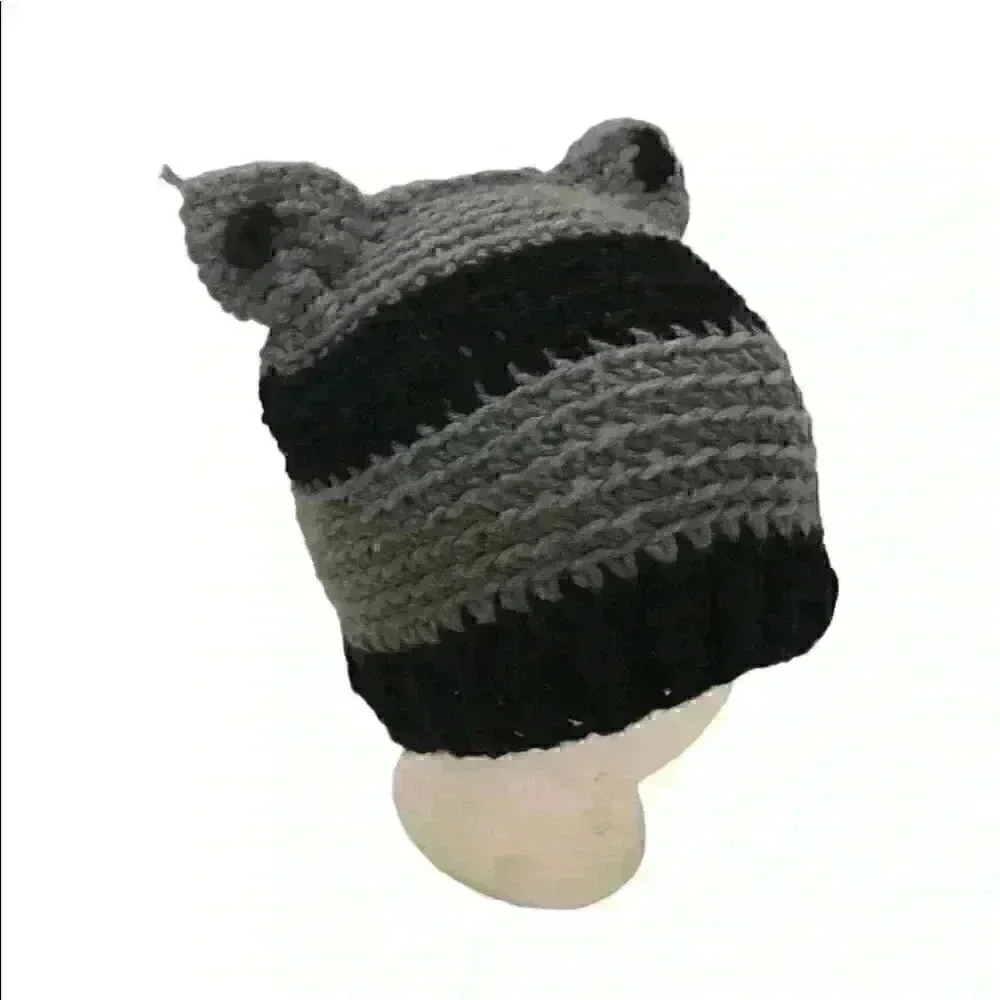 HANDMADE crochet gray and black youth cat winter hat